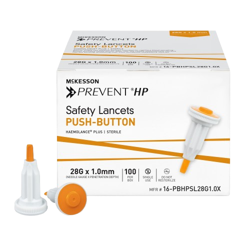 Safety Lancet McKesson Prevent® HP 28 Gauge Retractable Push Button Activation Finger